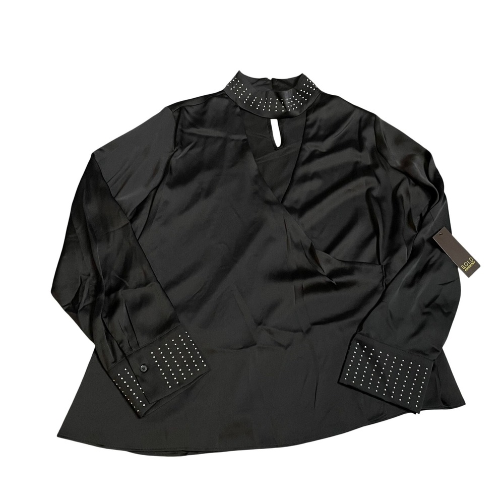 Bold Elements Studded Mock Neck Wrap Satin Blouse Black XL NEW‎